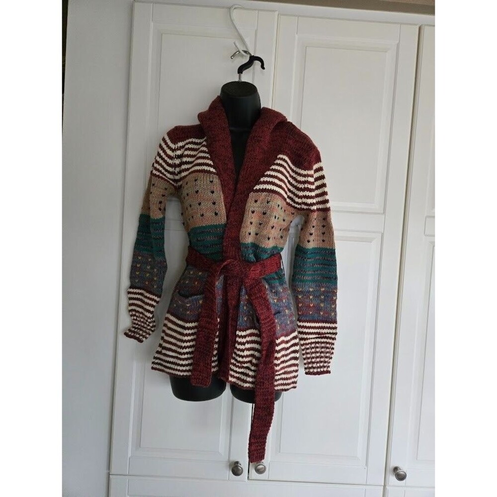 VINTAGE Helen Sue Sweater Cardigan Boho Hooded Striped Knit 70s - Brown SM/MED